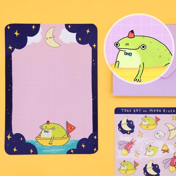 Cute Toad Writing Paper Set | With Stickers and Lilac Envelopes | 'Toad Boy on Moon River'