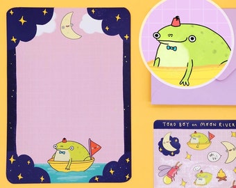 Cute Toad Writing Paper Set | With Stickers and Lilac Envelopes | 'Toad Boy on Moon River'