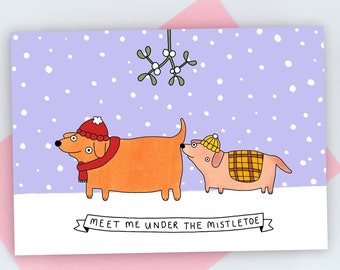 Cute Funny Christmas Card with Dogs under the Mistletoe - Blue / A6 size