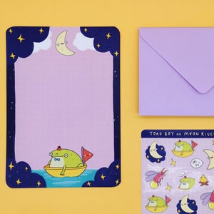 Cute Toad Writing Paper Set With Stickers and Lilac Envelopes 'Toad Boy on Moon River' image 2