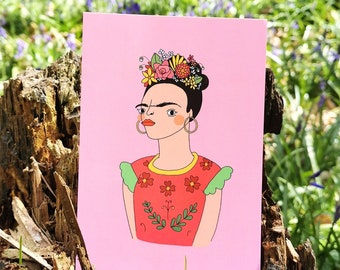 Frida Kahlo Postcard | Pink Botanical Illustration Card