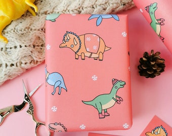 Recycled Wrapping Paper with Cute Winter Dinosaurs | Eco-Friendly Gift Wrap