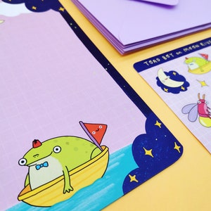 Cute Toad Writing Paper Set With Stickers and Lilac Envelopes 'Toad Boy on Moon River' image 3