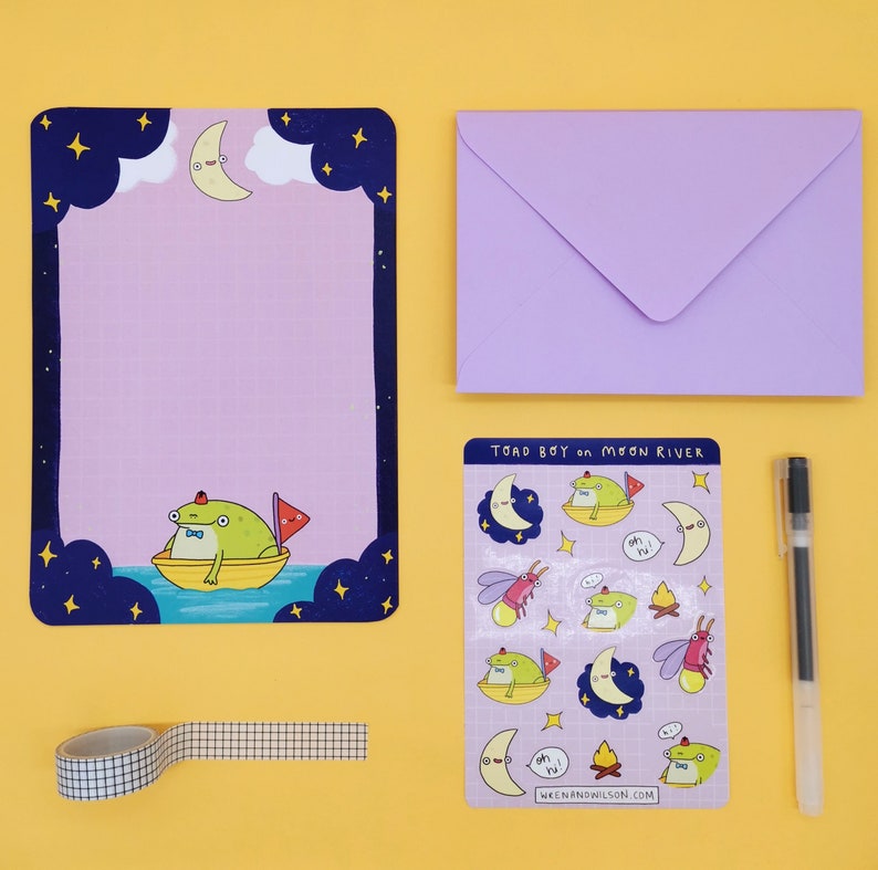 Cute Toad Writing Paper Set With Stickers and Lilac Envelopes 'Toad Boy on Moon River' image 2