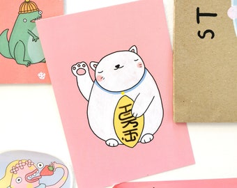 Lucky Cat Postcard | Cute white cat, kawaii art print - A6 size.