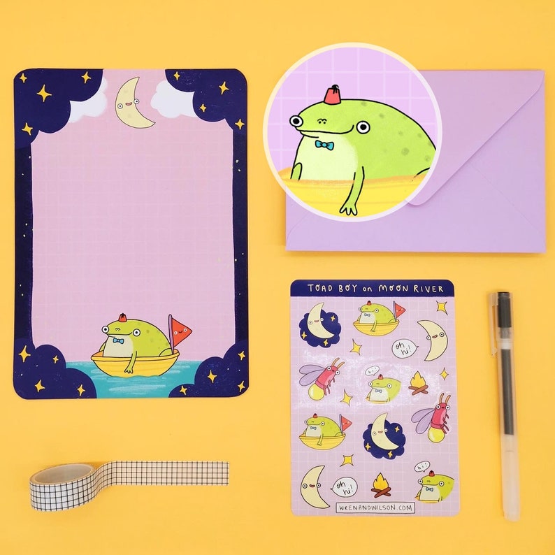 Cute Toad Writing Paper Set With Stickers and Lilac Envelopes 'Toad Boy on Moon River' image 1