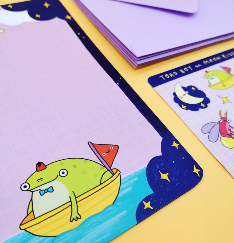 Cute Toad Writing Paper Set With Stickers and Lilac Envelopes 'Toad Boy on Moon River' image 3