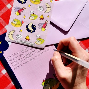 Cute Toad Writing Paper Set With Stickers and Lilac Envelopes 'Toad Boy on Moon River' image 4