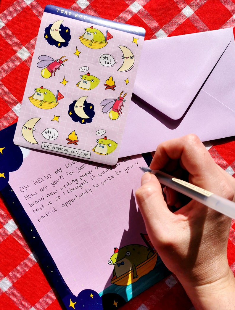 Cute Toad Writing Paper Set With Stickers and Lilac Envelopes 'Toad Boy on Moon River' image 4