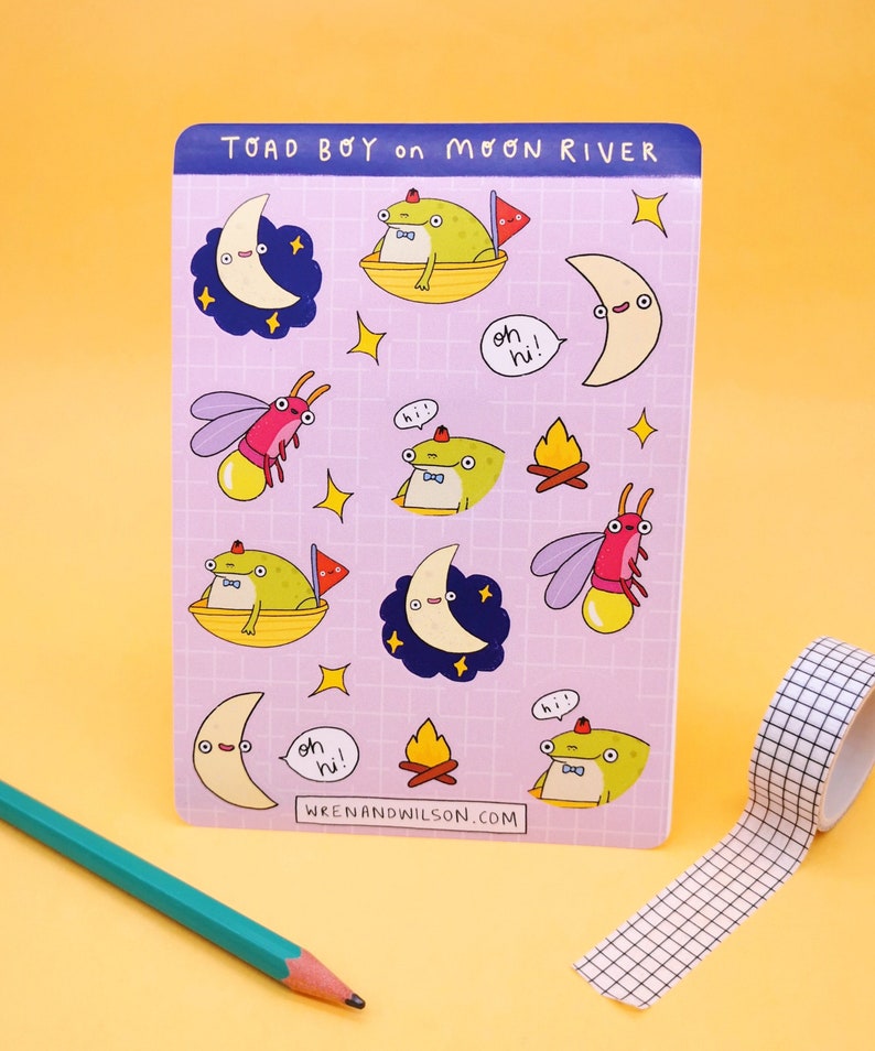 Cute Toad Writing Paper Set With Stickers and Lilac Envelopes 'Toad Boy on Moon River' image 5