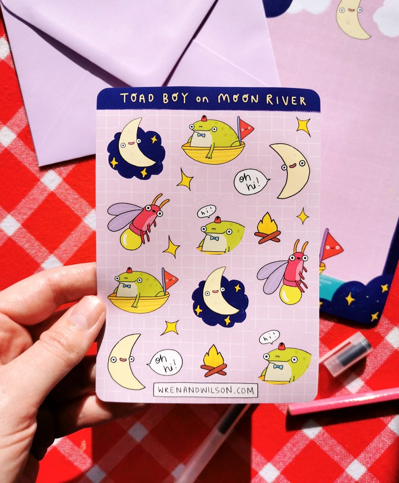 Cute Toad Writing Paper Set With Stickers and Lilac Envelopes 'Toad Boy on Moon River' image 7