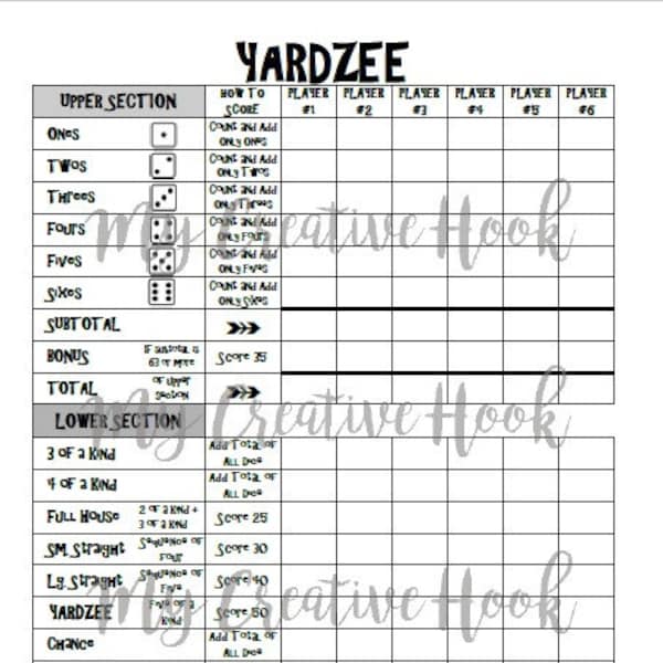 Feuille de score imprimable Yardzee 8,5 "x 11" Télécharger