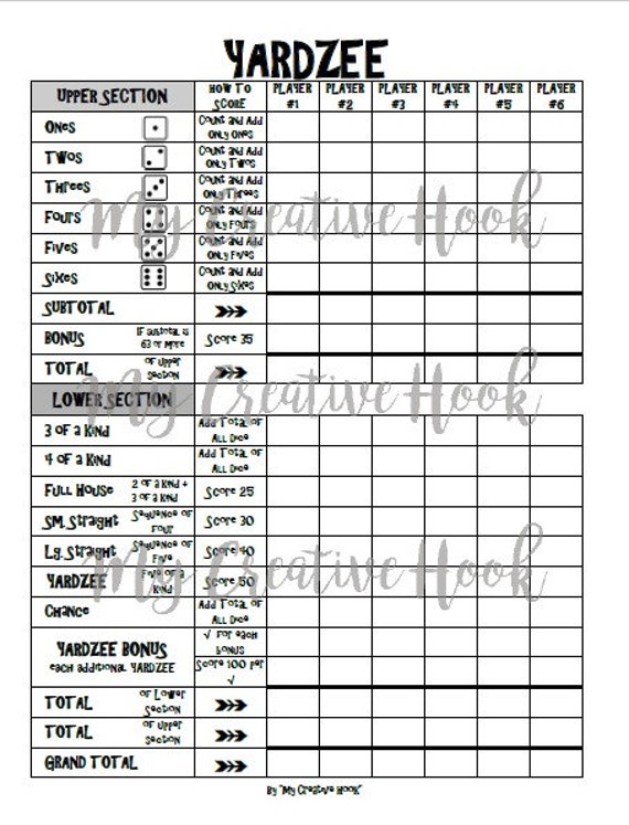 printable yardzee 8 5 x 11 score sheet download etsy
