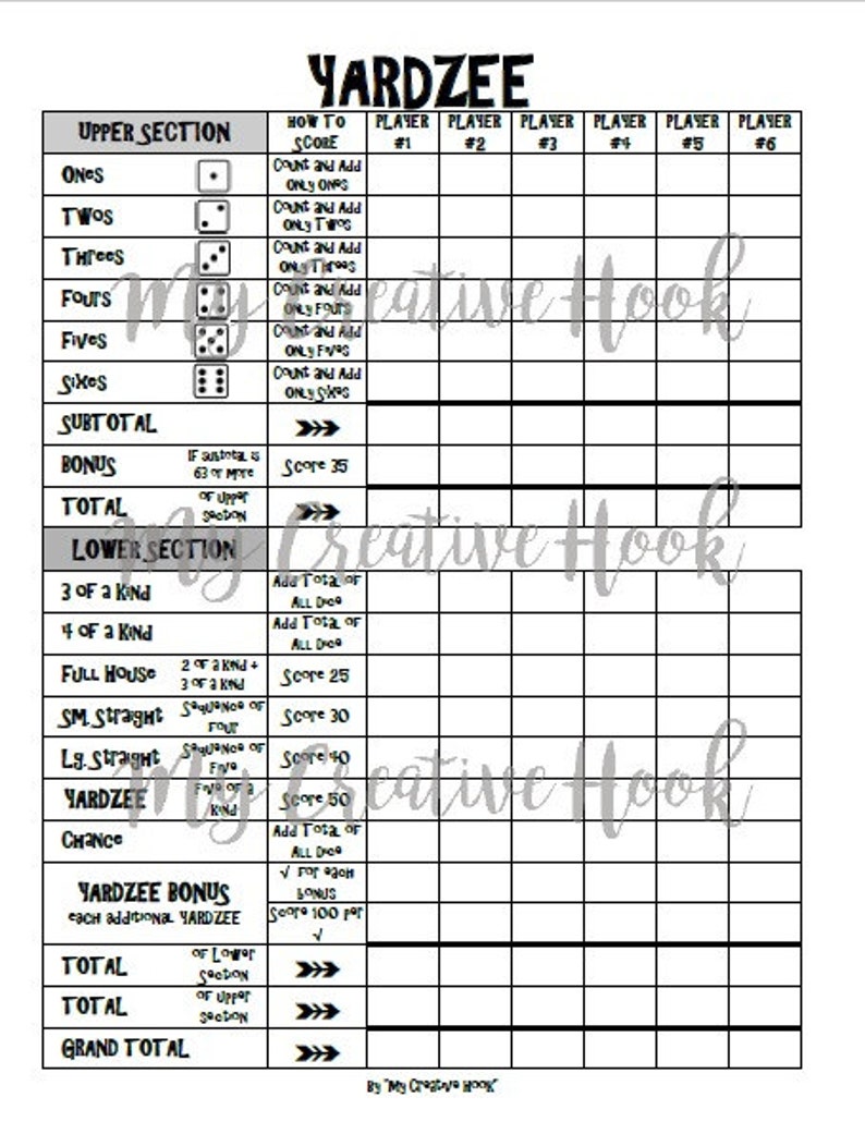 Printable Yardzee 8 5 X 11 Score Sheet Download Etsy