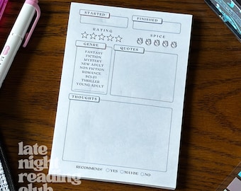 May include: A white card with a black border and text that says "Started", "Rating", "Finished", "Genre", "Quotes", "Spice", "Thoughts", and "Recommend". There are five stars under "Rating" and five chili peppers under "Spice". The card also has a list of genres, including "Fantasy", "Fiction", "Mystery", "New Adult", "Non Fiction", "Romance", "Sci-Fi", "Thriller", and "Young Adult". The text "late night reading club" is at the bottom of the card.