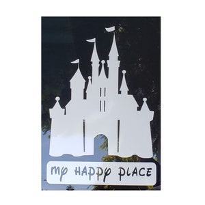 Disneyland or Disneyworld Castle Novelty Sticker Decal for Car, Truck, SUV, Van, Wall- Reads &quot;My Happy Place&quot; Pink or White