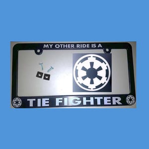 My Other Ride is a Tie Fighter Vanity License Plate Frame + Bonus Decal, First Order Imperial, Sci-Fi Galactic Aviator, Universal Fit
