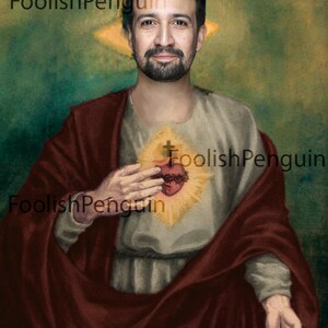 May include: A painting of a man with a beard and dark hair, wearing a red robe. He is holding his hand over his chest, where a heart with thorns and a cross is depicted. The background is a green and yellow gradient.