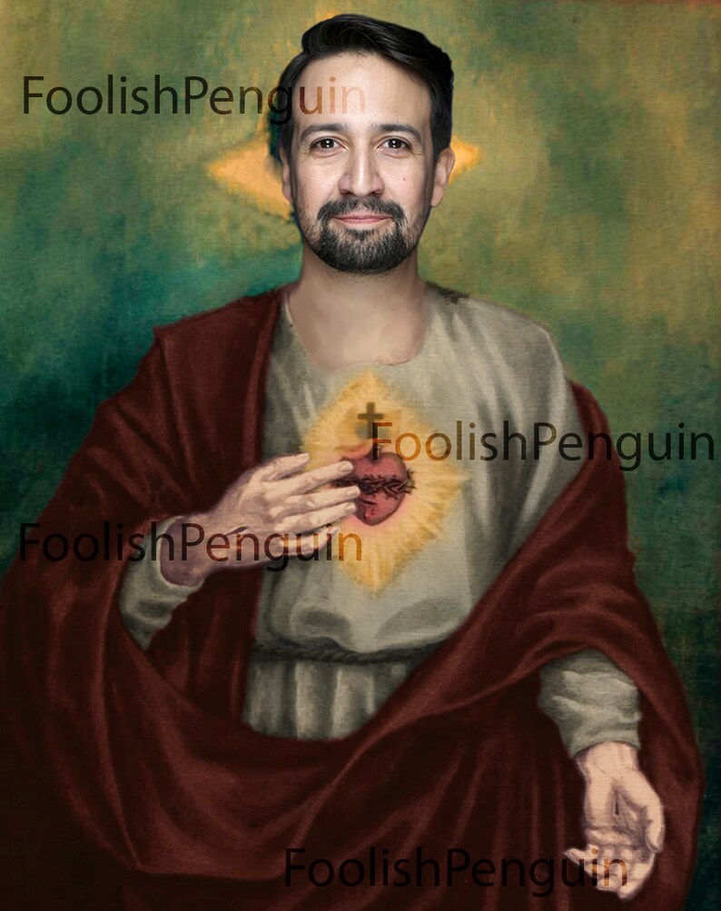 May include: A painting of a man with a beard and dark hair, wearing a red robe. He is holding his hand over his chest, where a heart with thorns and a cross is depicted. The background is a green and yellow gradient.