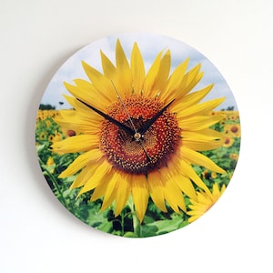 Sunflower Wall Clock Decoupage Photo Clock Flowers Wall Clock Yellow and Green Clock Botanical Clock Round Wall Clock image 1