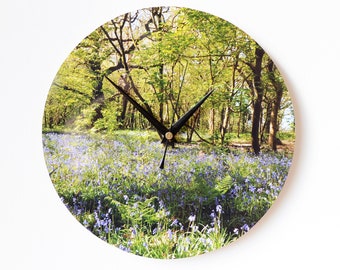 Woodland Clock - Photo Wall Clock - Bluebells Photo Clock - Springtime Clock - Green Wall Clock - Landscape Photography