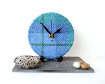 Harris Tweed Desk Clock - Blue Clock - Pure Wool Desk Clock - Scottish Tartan - Scottish Plaid - Wool Anniversary Gift