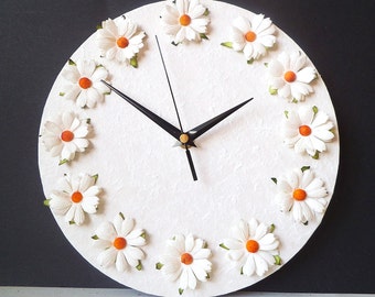 White Wall Clock - Mulberry Paper Daisies Decoupage Clock -  3D Clock White Daisies