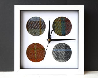 White Wall Clock - Made Using Harris Tweed - Square Wall Clock -  Scottish Tartan - Brown Blue Yellow Purple