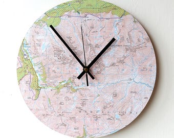 Map Wall Clock - Scottish Highlands Recycled Map Clock - Ben Nevis - Mamores - Scotland