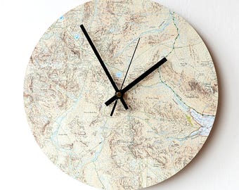 Map Wall Clock - Lake District Map Clock - Recycled Map - Scafell Pike Bowfell - Fellwalking - Hill Walkers Lake District Gift