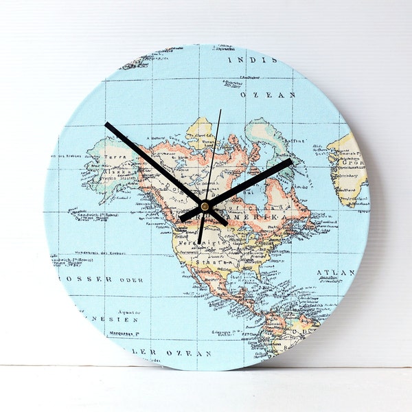 Map Wall Clock - Decoupage Fabric Wall Clock - North America Reproduction Vintage Map Clock - Globe Clock - USA Canada Mexico Map Clock