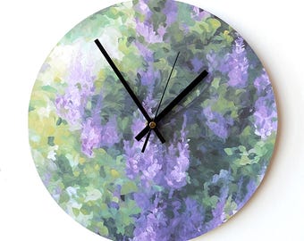 Purple Wall Clock - Abstract Art Clock - Purple and Green Clock - Purple Clock - Flower Print Clock - Pastel Colours Clock