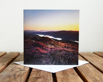Coniston Water Greeting Card  - Sunrise - Heather in Bloom - Blank Card - Lake District Greeting Card - Square Card