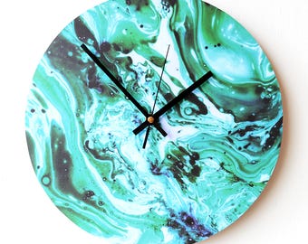 Turquoise Wall Clock - Abstract Art Clock - Blue and Green Clock - Abstract Print - 12'' Clock