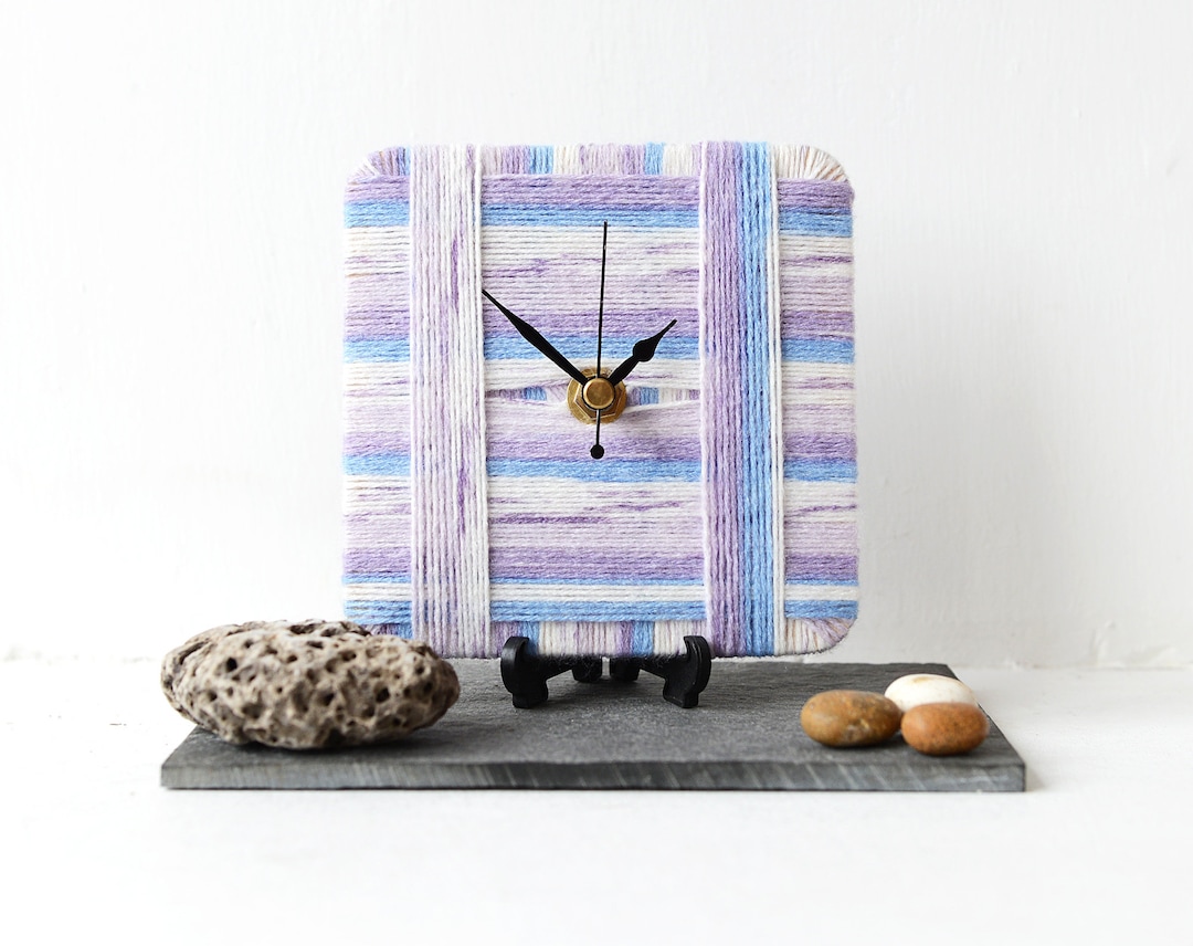 Blue Desk Clock Wool Desk Clock Blue, Lilac and White Clock Square Desk