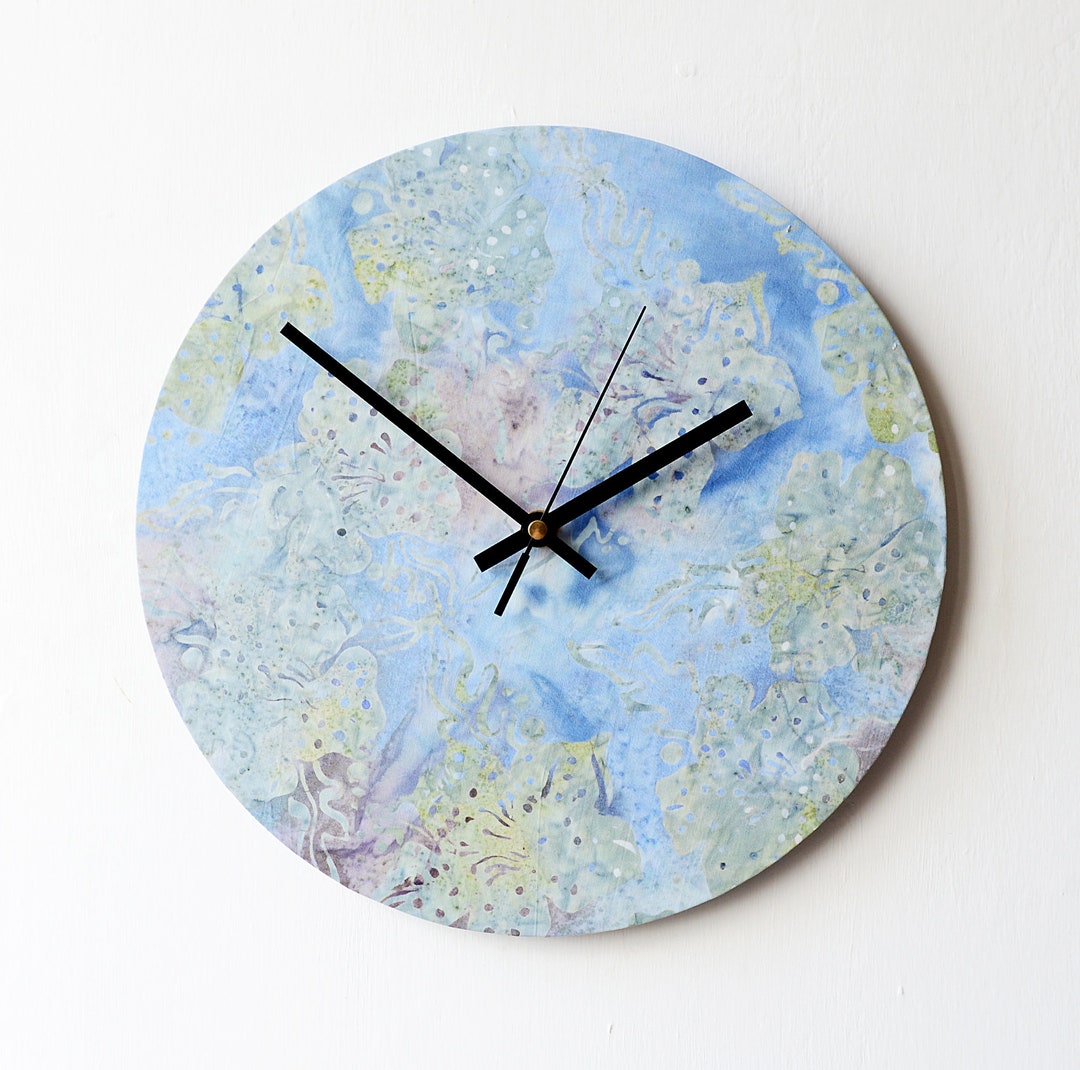 Blue Wall Clock - Decoupage Fabric Wall Clock - Recycled 12'' Vinyl ...