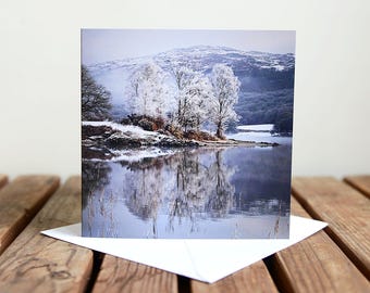 Coniston Water Greeting Card  - Frosty Trees Reflections - Snow Scene - Winter - Blank Card - Lake District Greeting Card - Square Card