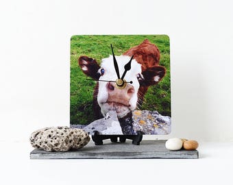 Cow Desk Clock - Decoupage Photo Clock - Brown Calf Clock - Farm Animal Clock - Brown and White Cow