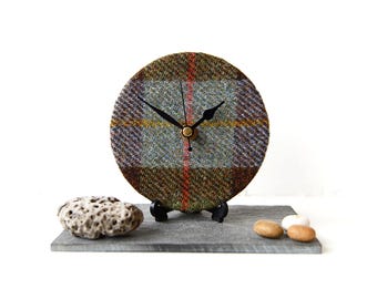 Harris Tweed Desk Clock - Green and Brown Clock - Pure Wool Desk Clock - Scottish Tartan - Scottish Plaid - Wool Anniversary Gift