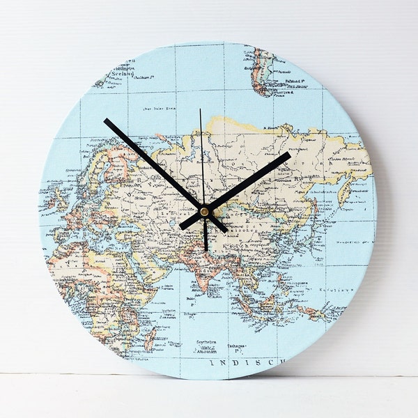 Map Wall Clock - Decoupage Fabric Wall Clock - Europe Asia Africa New Zealand Reproduction Vintage Map Clock - Globe Clock