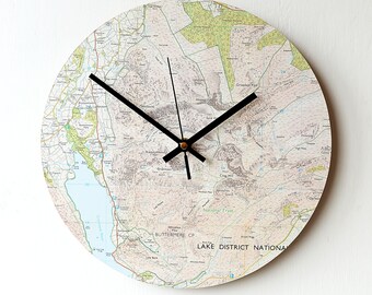 Map Wall Clock - Lake District Map Clock - Recycled Map - Grasmoor - Coledale -  - Hill Walkers Lake District Gift