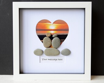 Framed Pebble Art -  - Pebble Couple - Heart Frame - Personalised Pebble Art - Sunset