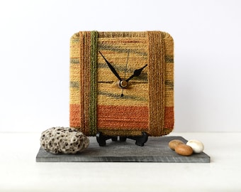 Brown Desk Clock - Stripy Wool Clock - Brown Gold Wool Yarn - Square Desk Clock - Unique Clock