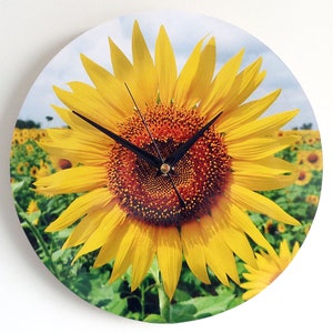 Sunflower Wall Clock Decoupage Photo Clock Flowers Wall Clock Yellow and Green Clock Botanical Clock Round Wall Clock image 2