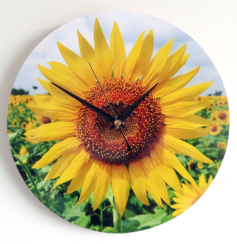 Sunflower Wall Clock Decoupage Photo Clock Flowers Wall Clock Yellow and Green Clock Botanical Clock Round Wall Clock image 2