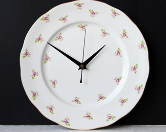Dinner Plate Clock - Recycled China Plate - Pink Roses Clock - White Wall Clock -