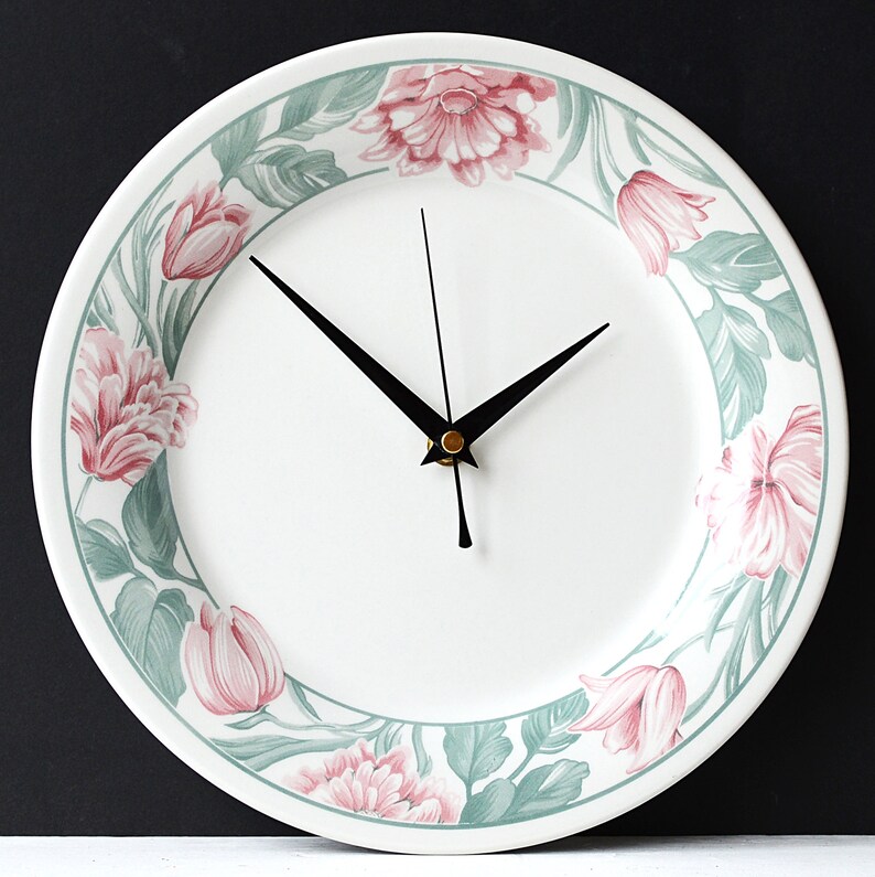 Dinner Plate Clock Recycled Bone China Plate Pink Flowers Etsy