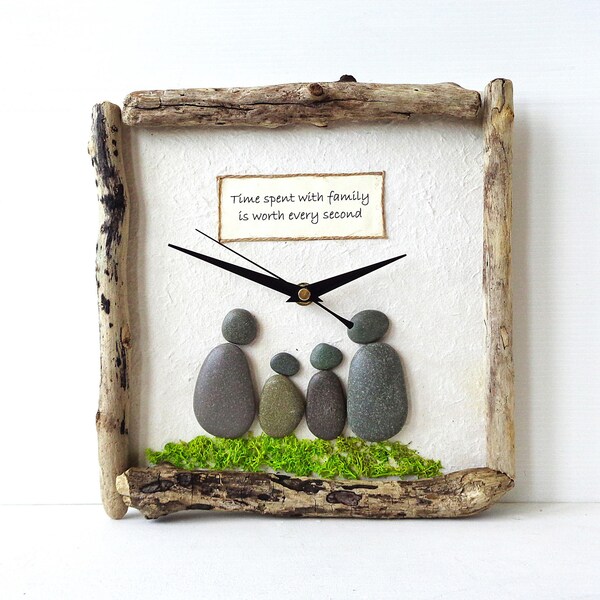 Driftwood Clock - Pebble Art Clock - Pebble Family - Beach Wall Clock - Nautical Clock - Wood Art Clock - 3D Clock - Stone Family
