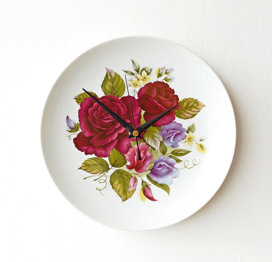 Dinner Plate Clock Flowers Clock Red Roses Wall Clock Ceramic Wall ...