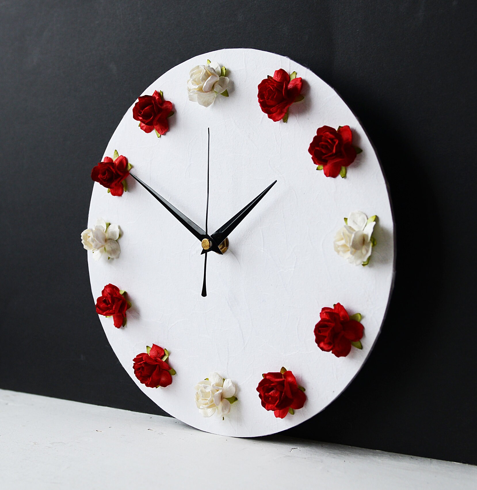 Roses Wall Clock - Mulberry Paper Red Roses Decoupage Clock - 3D Clock ...